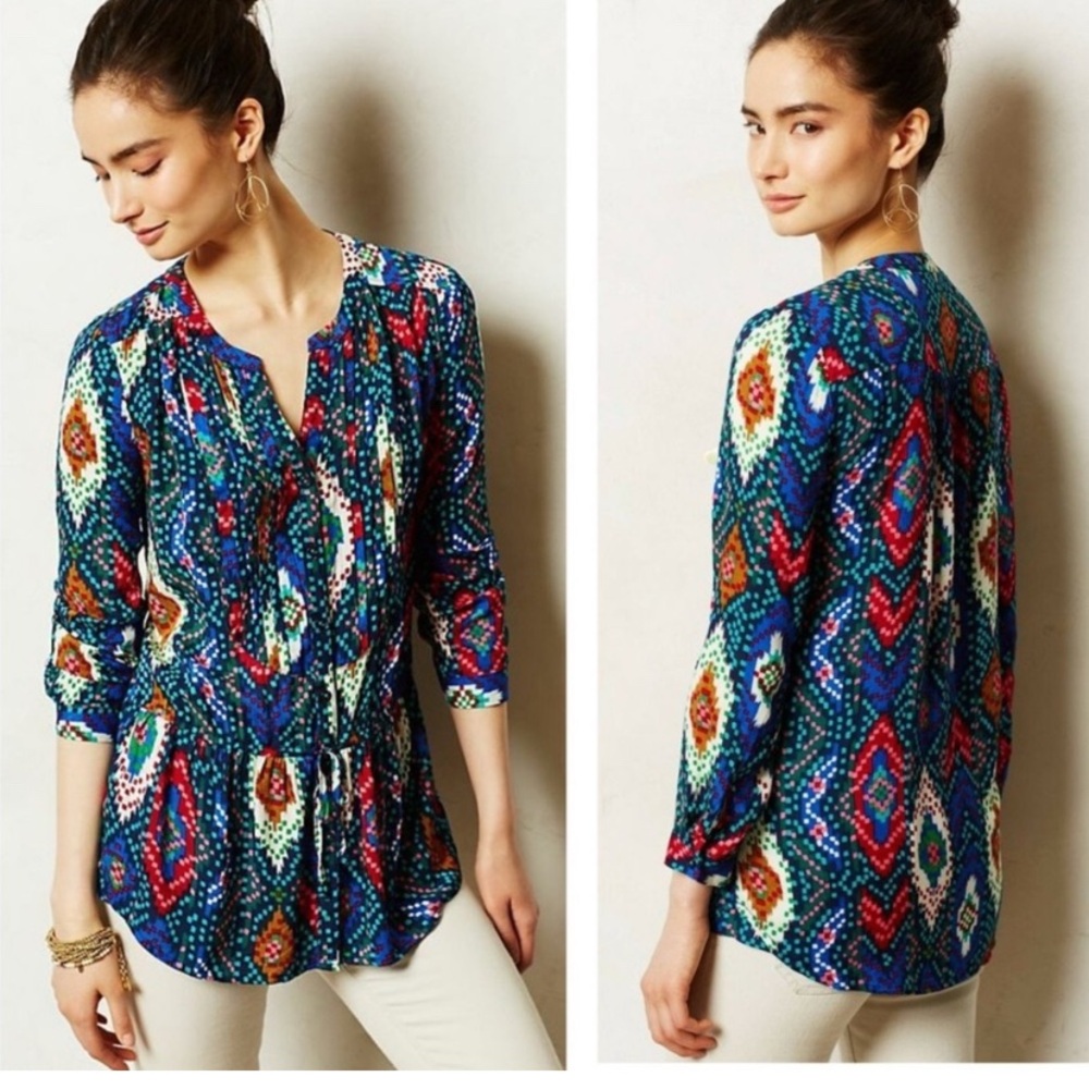 Anthropologie Maeve Ikat Print Peplum Tunic Blouse Boho Tie Waist Top Size 6
